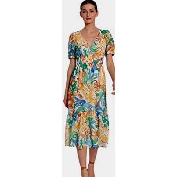 Maggy London 10 Puff Sleeve Tier Midi Dress Tropical Watercolor Floral Vacation - Picture 1 of 15